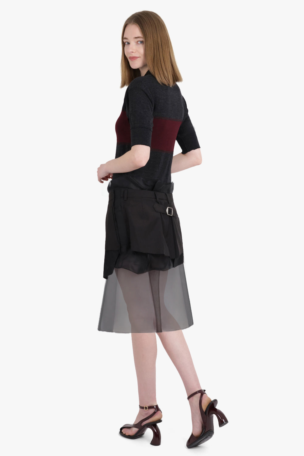 MAISON MARGIELA RTW Polo Top Style S/S Midi Dress with Quilted Sheer Skirt | Charcoal/Burgundy