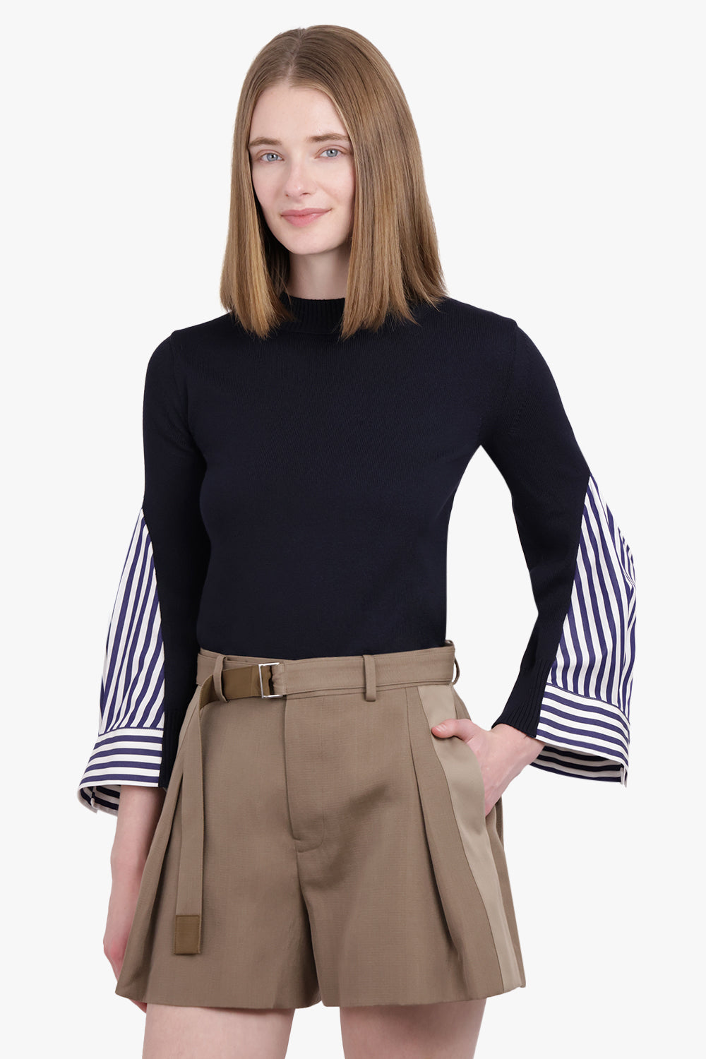 SACAI RTW Knitted Pullover With Shirting Sleeve Detail | Navy/White