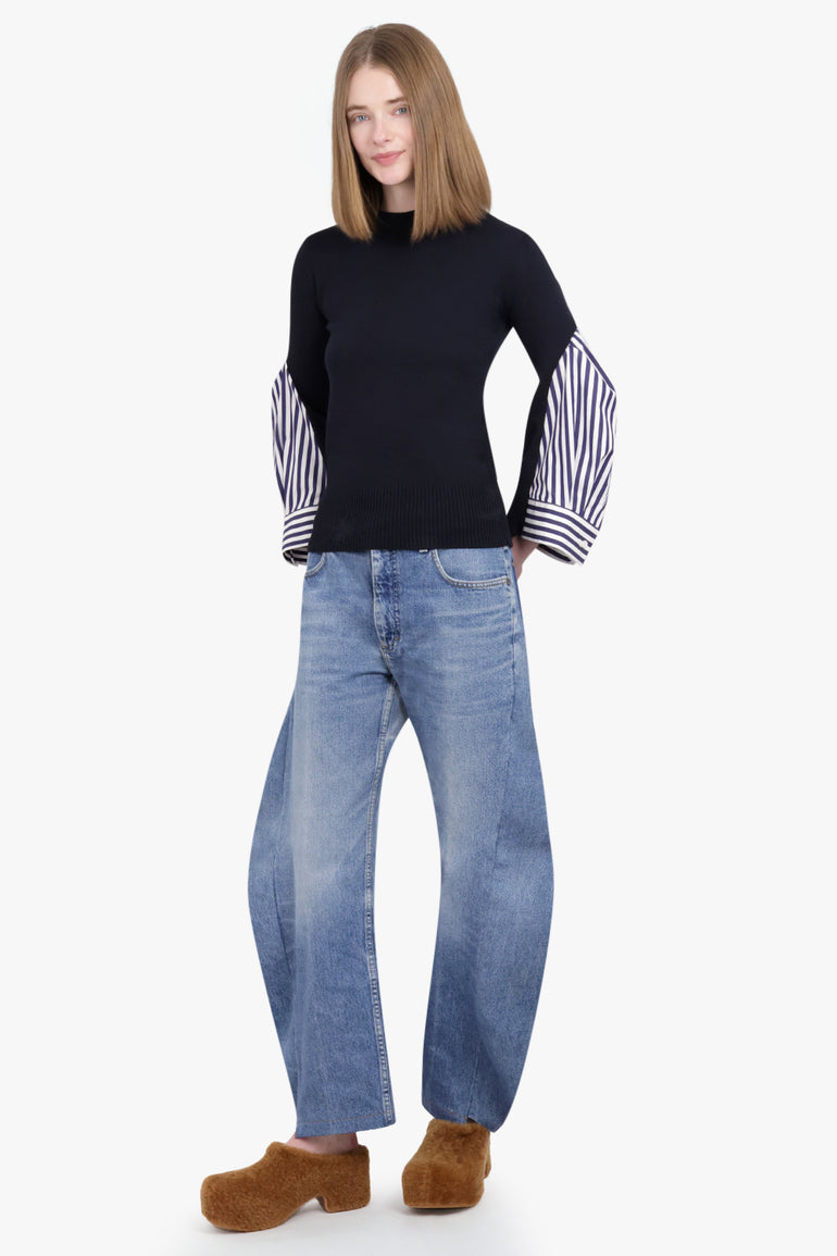 SACAI RTW Knitted Pullover With Shirting Sleeve Detail | Navy/White