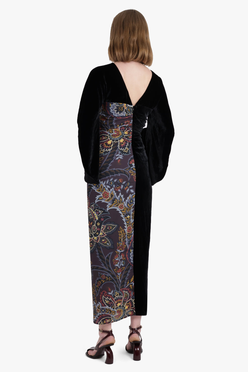 ETRO RTW Kimono Style Draped Velvet Contrast Floral Print Midi Dress | Black/Multi