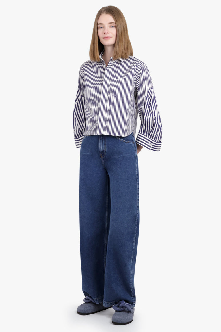 SACAI RTW Crop Stripe Shirt with Balloon Sleeve Detail | Navy/White