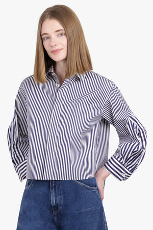 SACAI RTW Crop Stripe Shirt with Balloon Sleeve Detail | Navy/White