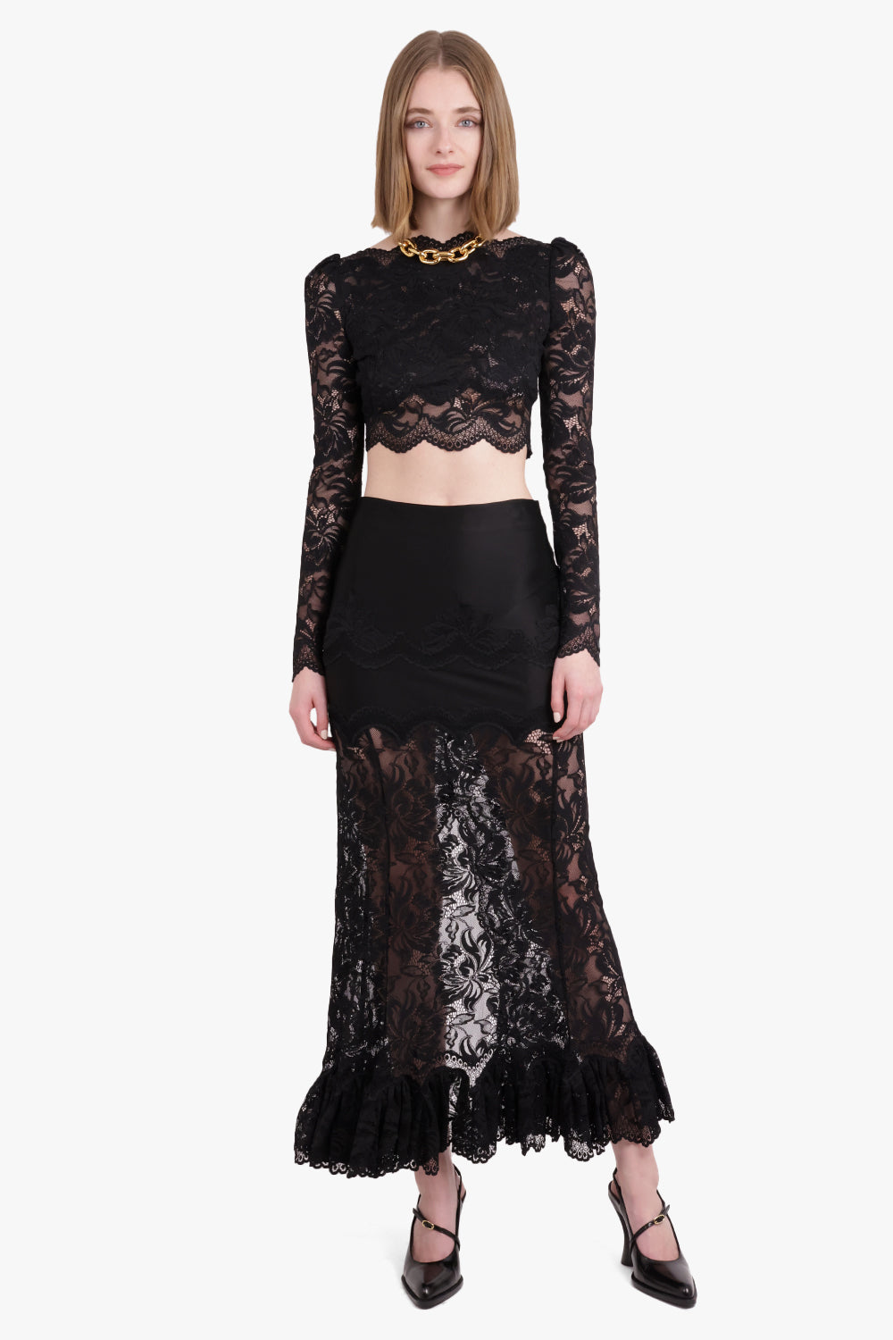 RABANNE RTW Lace Maxi Skirt With Ruffle Detail | Black