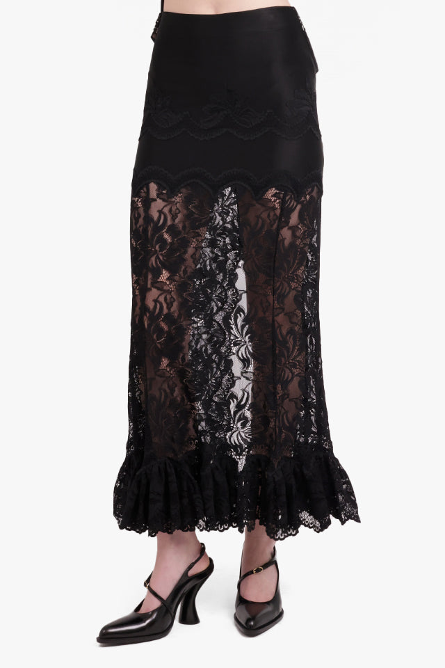 RABANNE RTW Lace Maxi Skirt With Ruffle Detail | Black