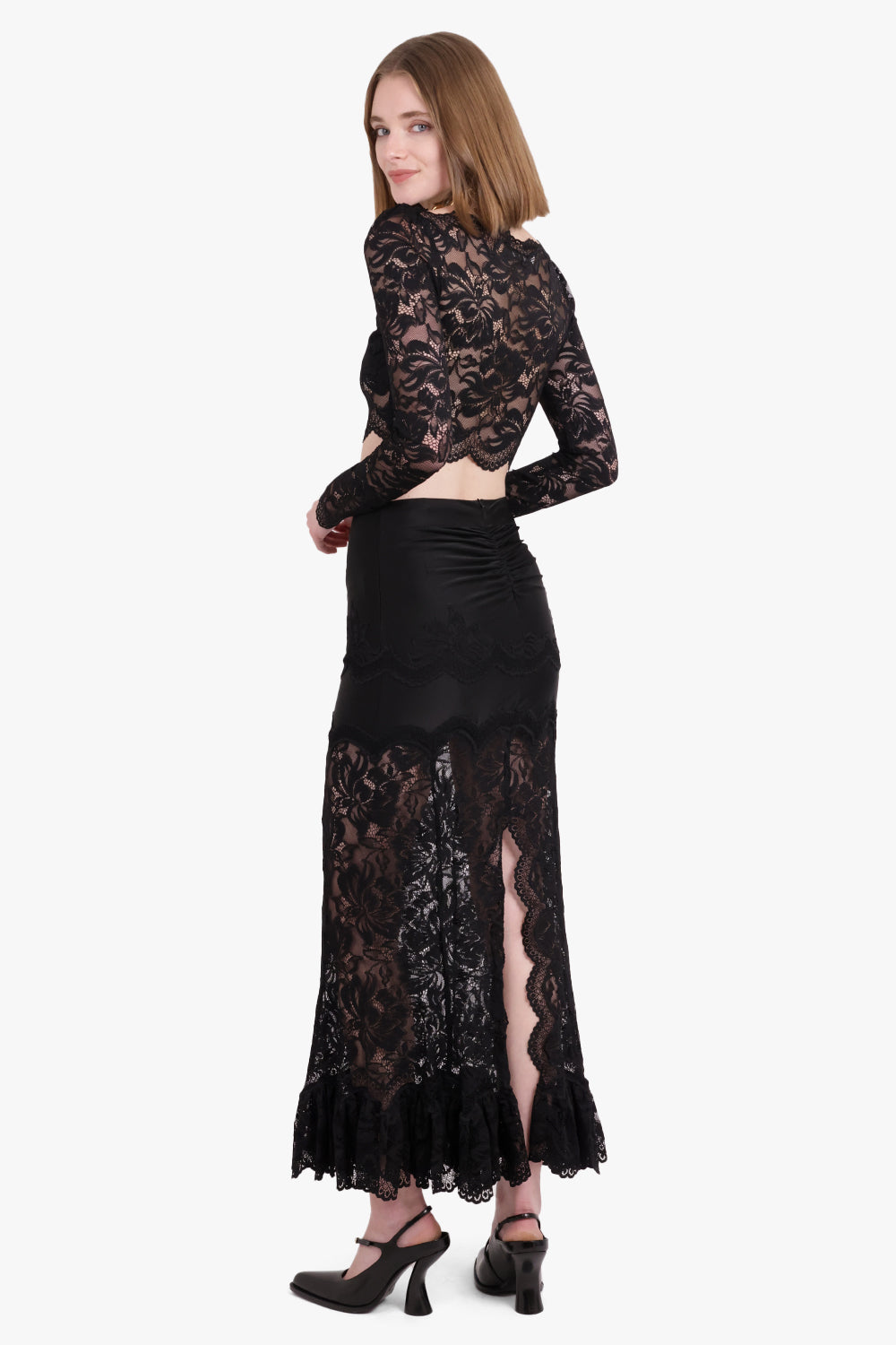 RABANNE RTW Lace Maxi Skirt With Ruffle Detail | Black