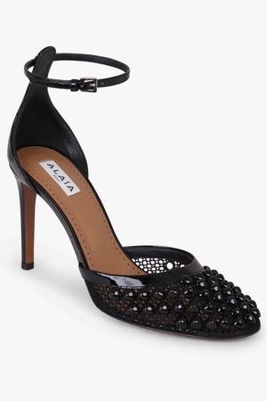 ALAIA SHOES Stud Fishnet Mesh 90mm Pointed Pump | Black