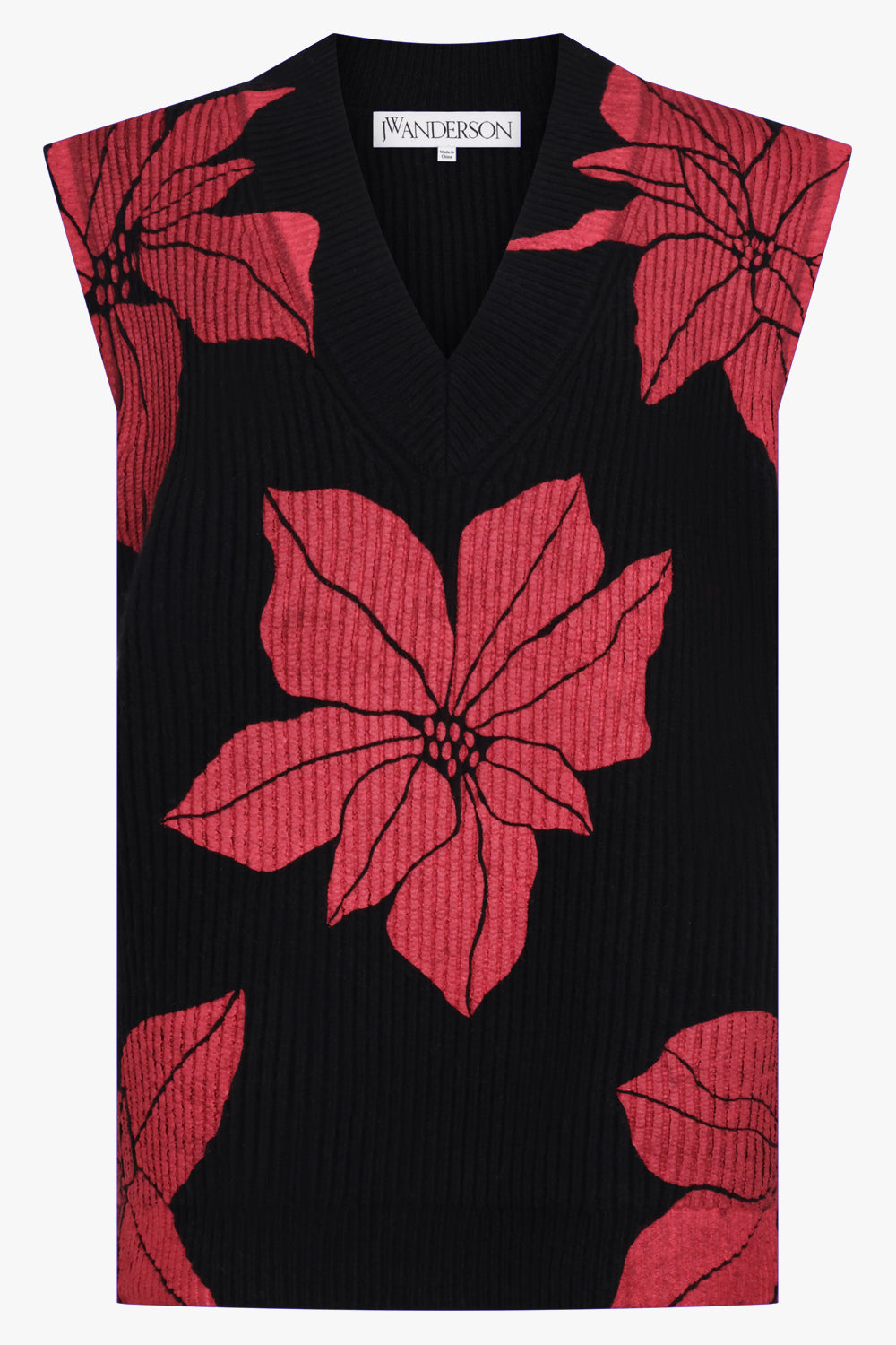 JW ANDERSON RTW Floral Print V-Neck Vest Knit | Black/Red