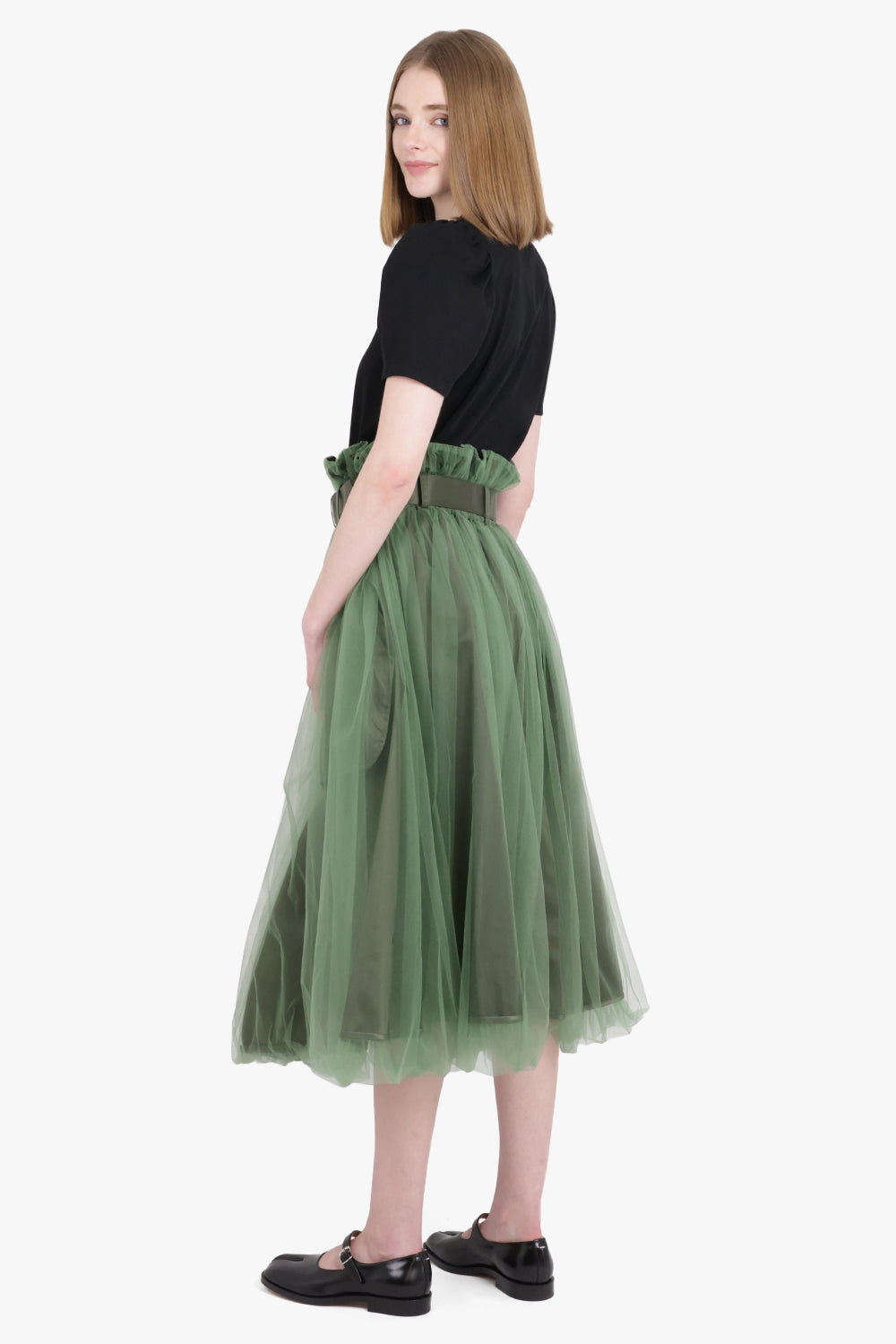 NOIR KEI NINOMIYA RTW Tulle Overlay Belted Midi Skirt | Khaki