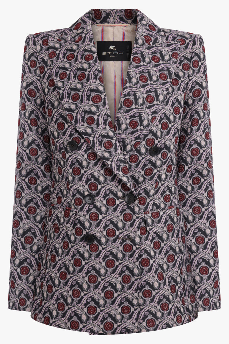 ETRO RTW Double Breasted Geometric Floral Print Jacket | Blue/Pink