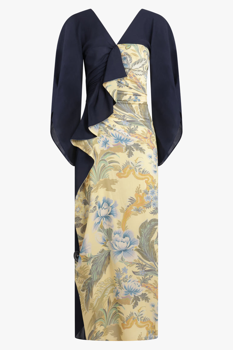 ETRO RTW Kimono Style Draped Floral Print Midi Dress | Black/Yellow