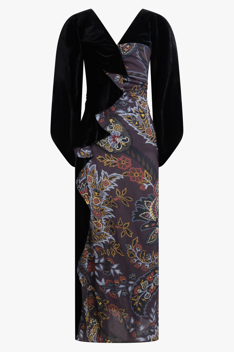 ETRO RTW Kimono Style Draped Velvet Contrast Floral Print Midi Dress | Black/Multi