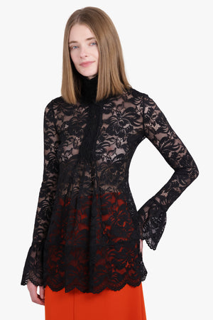 RABANNE RTW High Neck L/S Pleat Detail Lace Top | Black