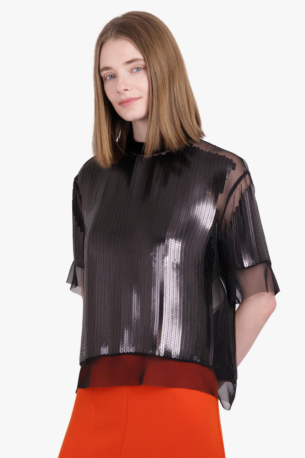 SACAI RTW High Neck S/S Sequin Overlay Top | Black