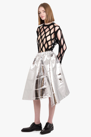 BLACK COMME DES GARÇONS RTW Asymmetric PVC Leather Panel Midi Skirt | Silver