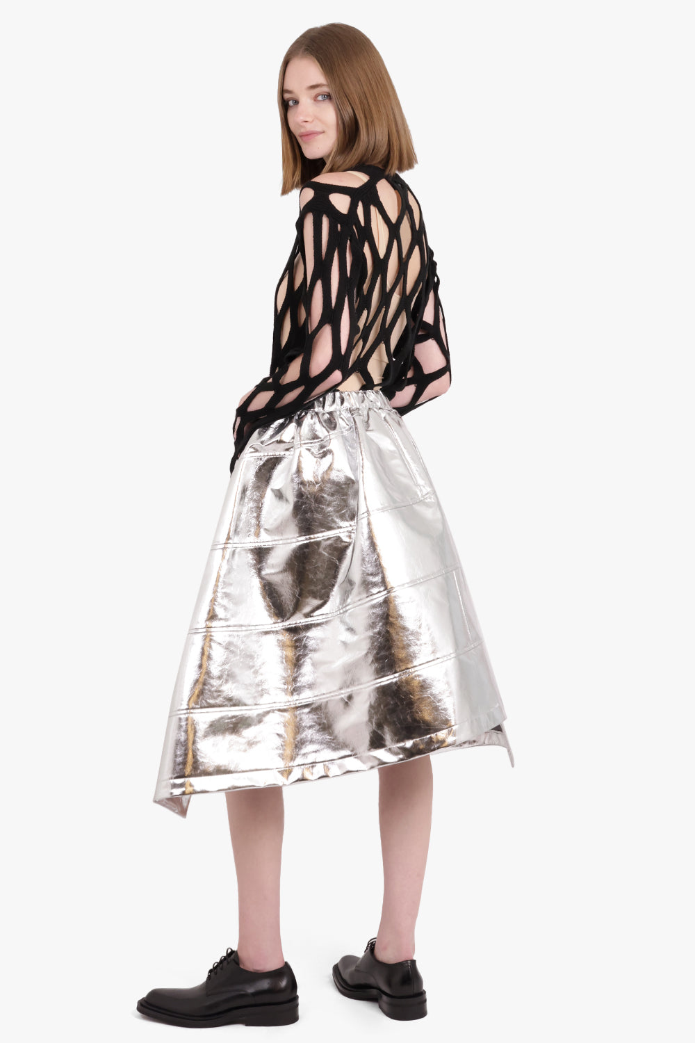 BLACK COMME DES GARÇONS RTW Asymmetric PVC Leather Panel Midi Skirt | Silver