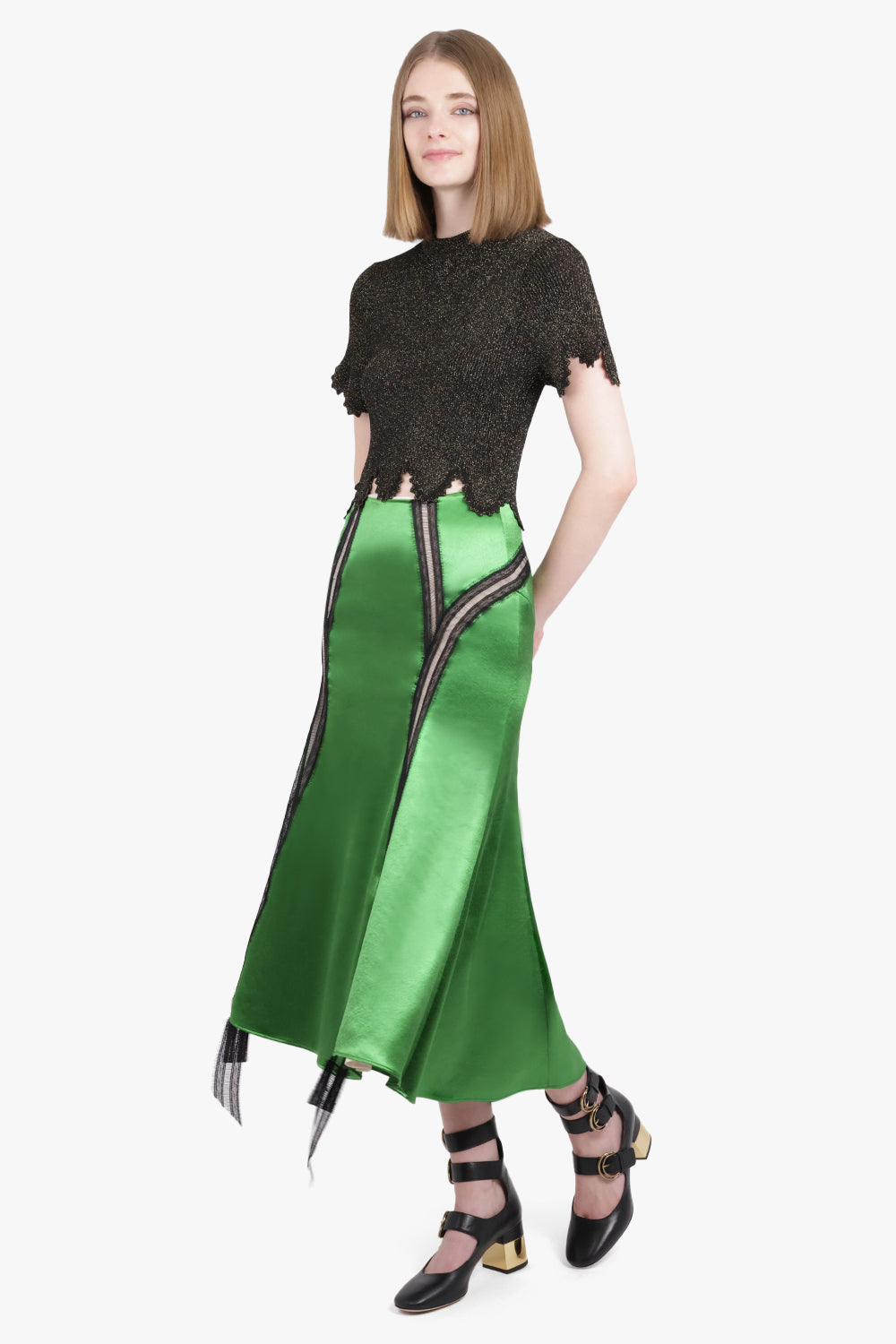 ROCHAS RTW Lace Trim Detail Midi Skirt | Golf Green