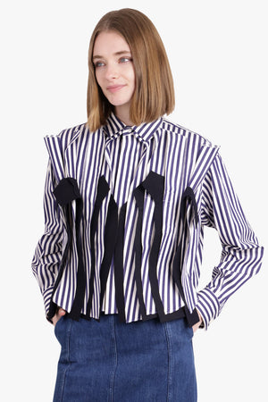 SACAI RTW Cropped L/S Attached Panel Print Shirt | Navy/White