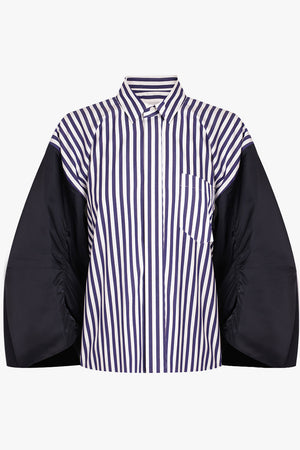 SACAI RTW Contrast Balloon L/S Cropped Stripe Shirt | Navy/White