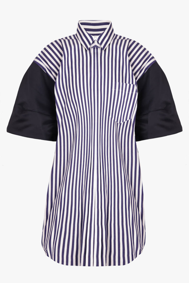 SACAI RTW Contrast Balloon S/S Midi Stripe Shirt Dress | Navy/White