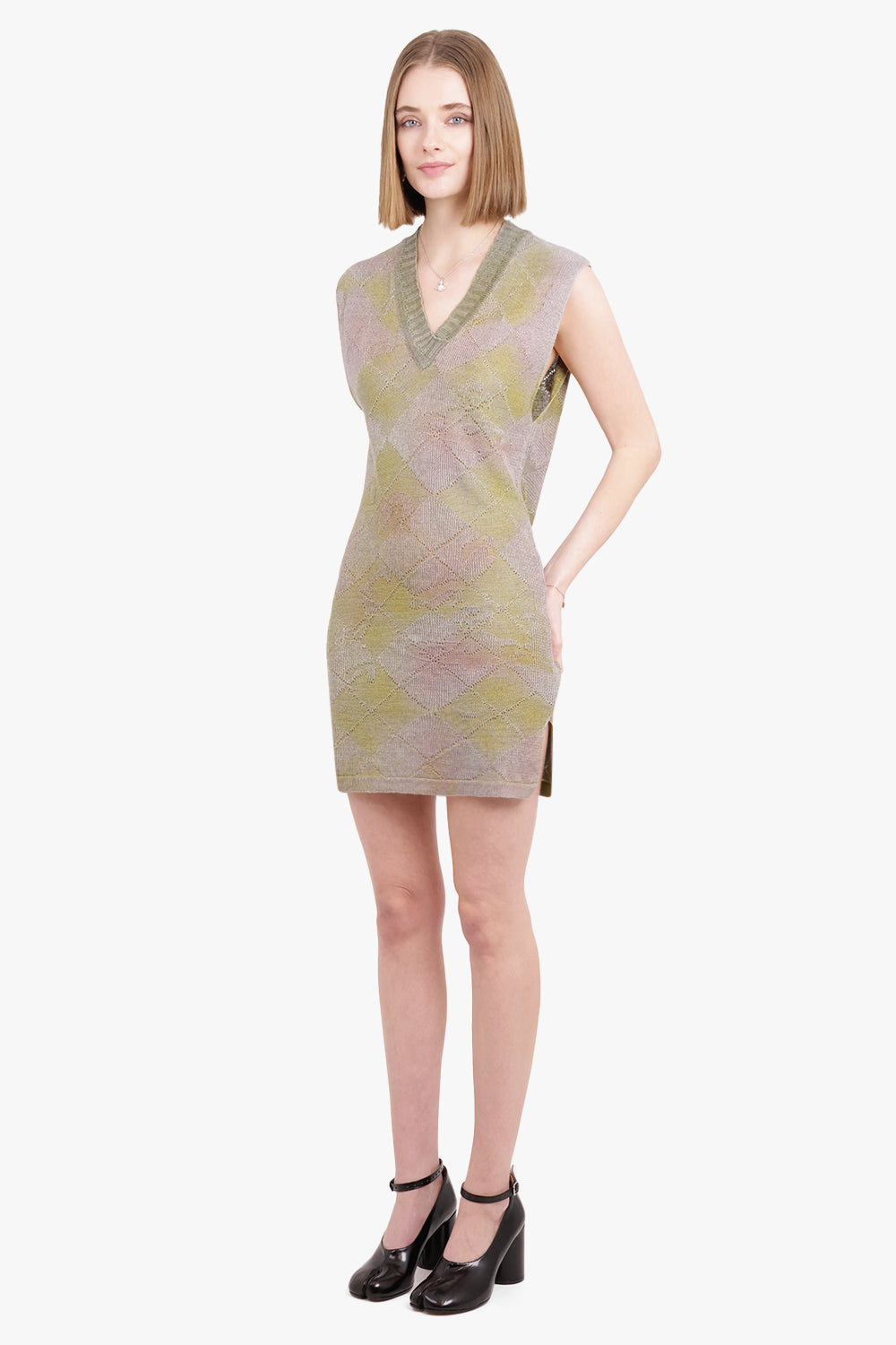VIVIENNE WESTWOOD RTW Pearl V Neck S/Less Argyle Knit Dress | Multi