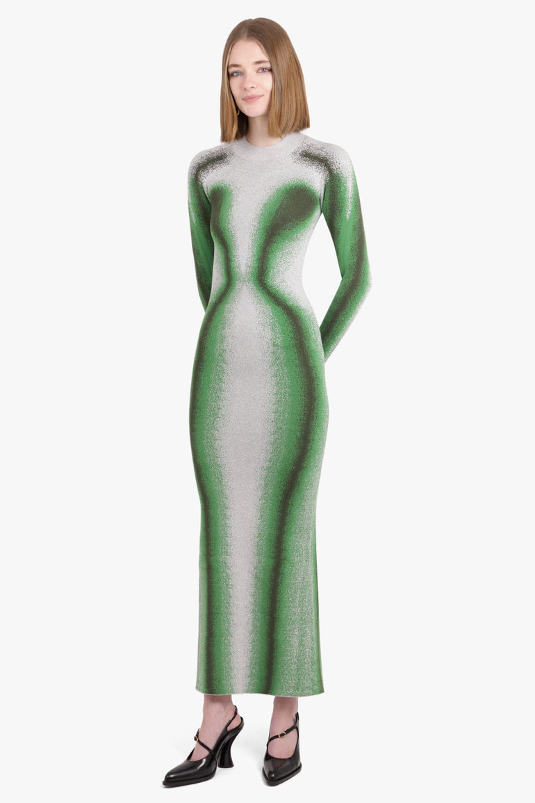 Y/PROJECT RTW Gradient Abstract Body Print L/S Knit Maxi Dress | Green/Grey