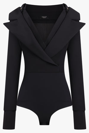 AWAKE MODE RTW Low Cut Decollete Crossover Shirt Jacket Detail Bodysuit | Black