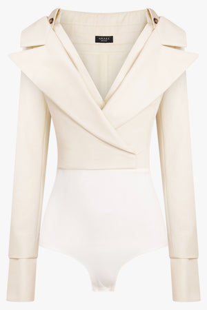 Low Cut Decollete Crossover Shirt Jacket Detail Bodysuit | Ivory