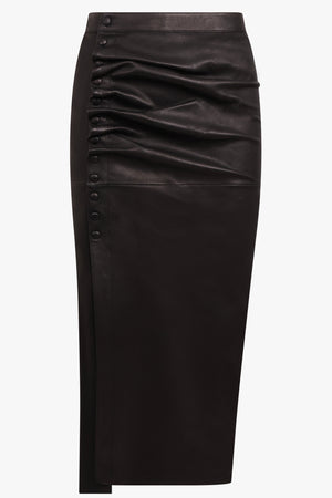 RABANNE RTW Leather Asymmetric Ruched Midi Skirt | Black