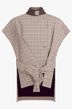 Tie Front S/S Asymmetric Check Print Jacket | Beige