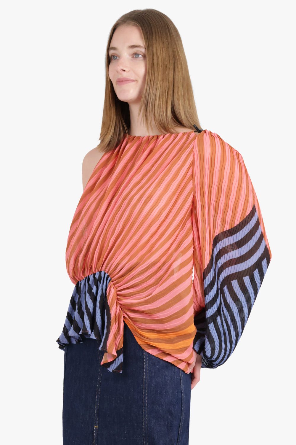 BROGGER RTW LARA RUCHED ONE SLEEVE TOP  | TAN STRIPE PRINT