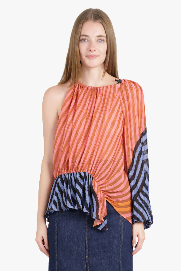 BROGGER RTW LARA RUCHED ONE SLEEVE TOP  | TAN STRIPE PRINT