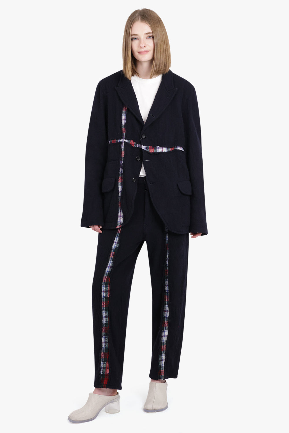 COMME DES GARCONS SHIRT RTW PANTS WITH TARTAN DETAILING | NAVY/WHITE