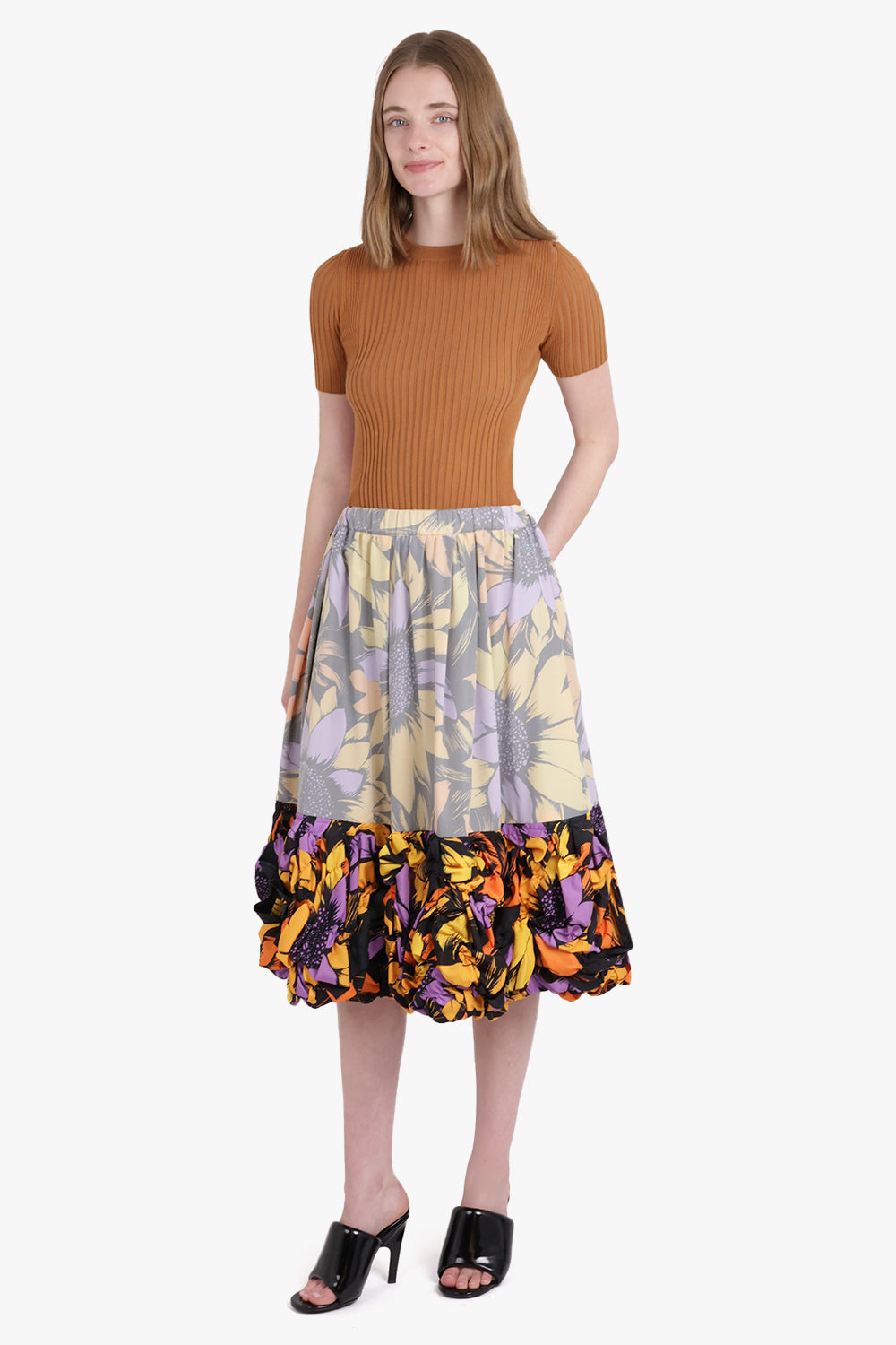 COMME DES GARCONS RTW Contrast Detail Floral Print Midi Skirt with Ruffle Hem | Multi