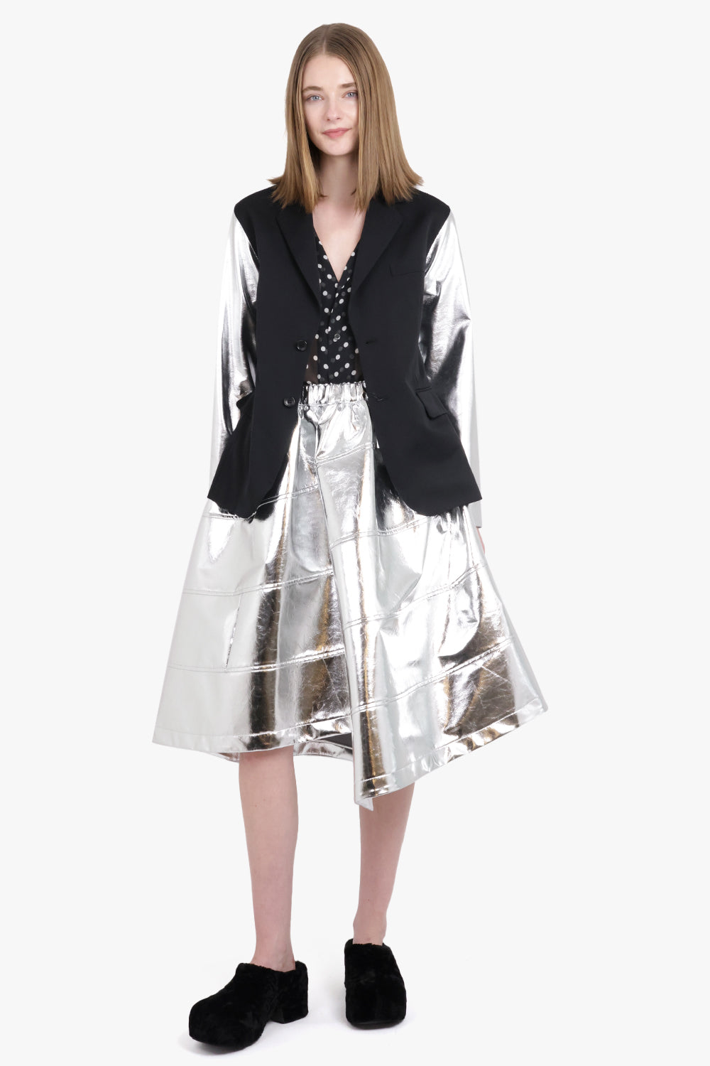 BLACK COMME DES GARÇONS RTW Asymmetric PVC Leather Panel Midi Skirt | Silver