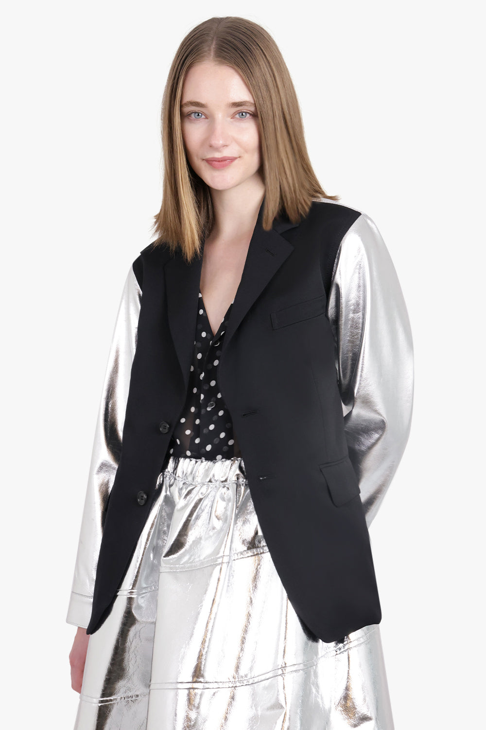 BLACK COMME DES GARÇONS RTW Contrast Suit x PVC Leather Blazer Jacket | Black/Silver