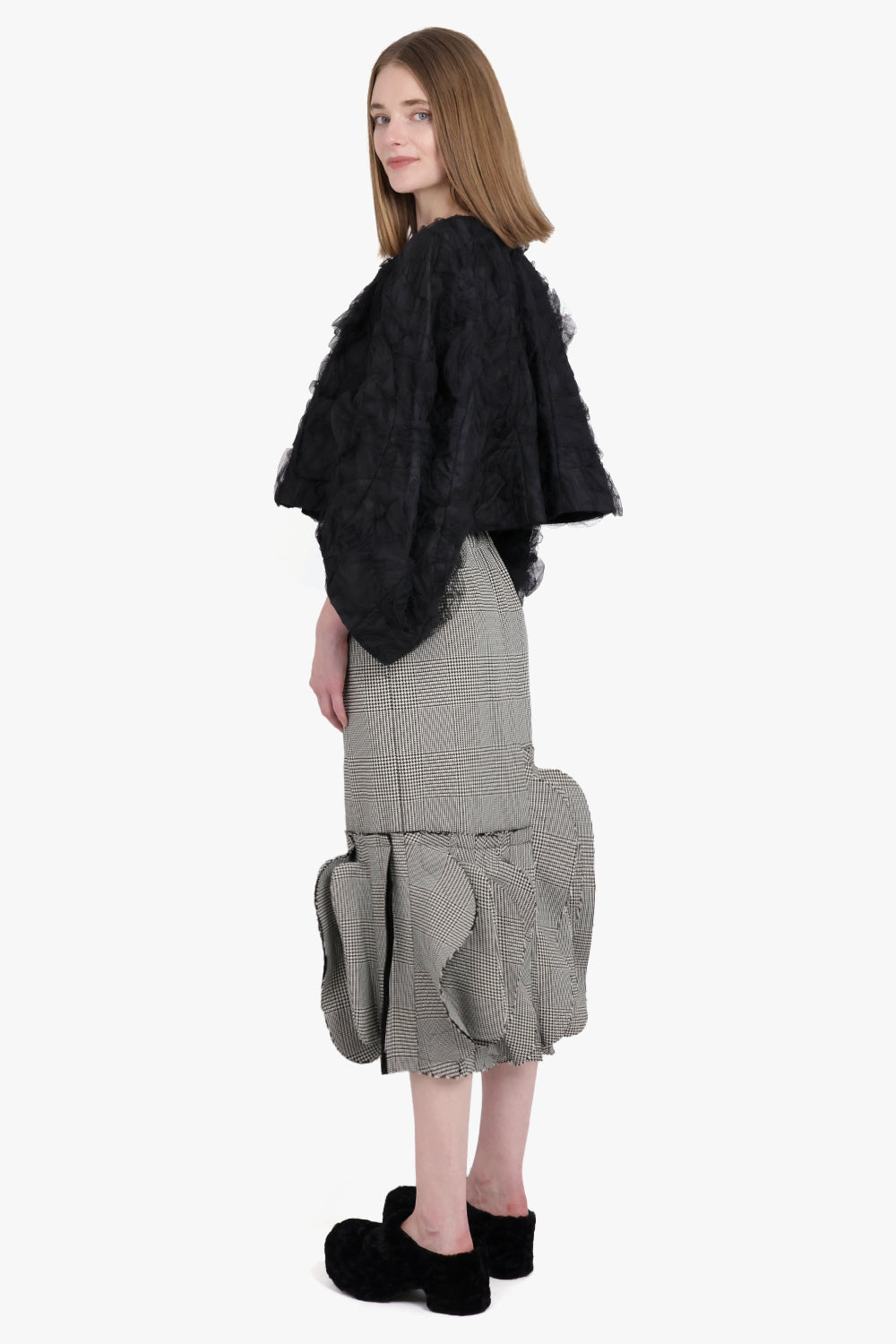 COMME DES GARCONS RTW Glencheck Print Asymmetric Ruffle Midi Skirt | Grey