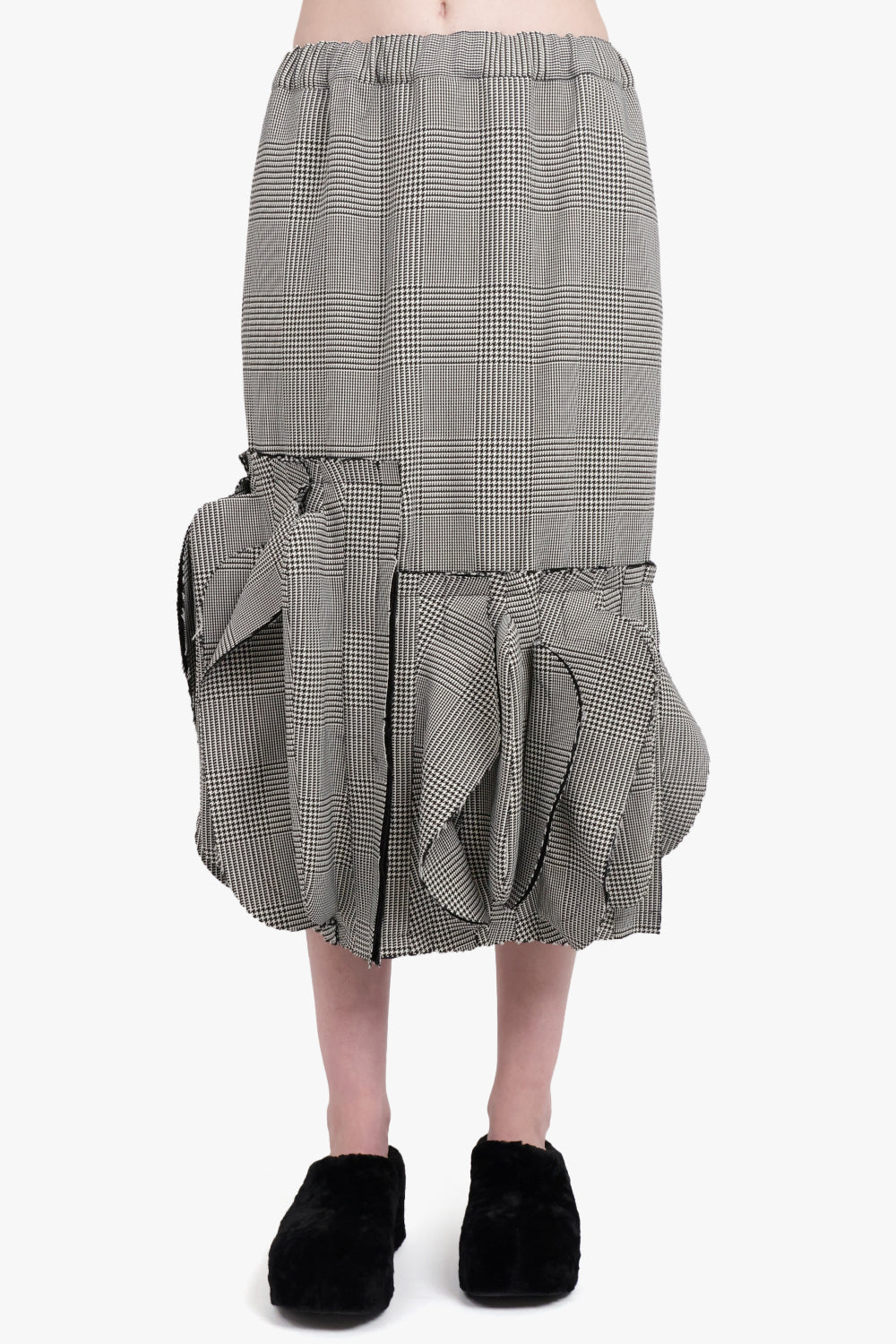 COMME DES GARCONS RTW Glencheck Print Asymmetric Ruffle Midi Skirt | Grey