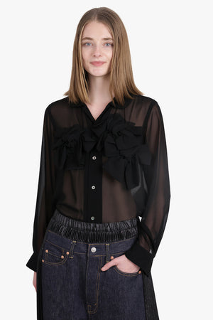 Sheer Bow Detail L/S Shirt | Black