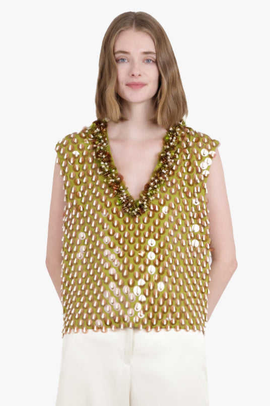 DRIES VAN NOTEN RTW Sequin Textured Sleeveless Vest | Lime