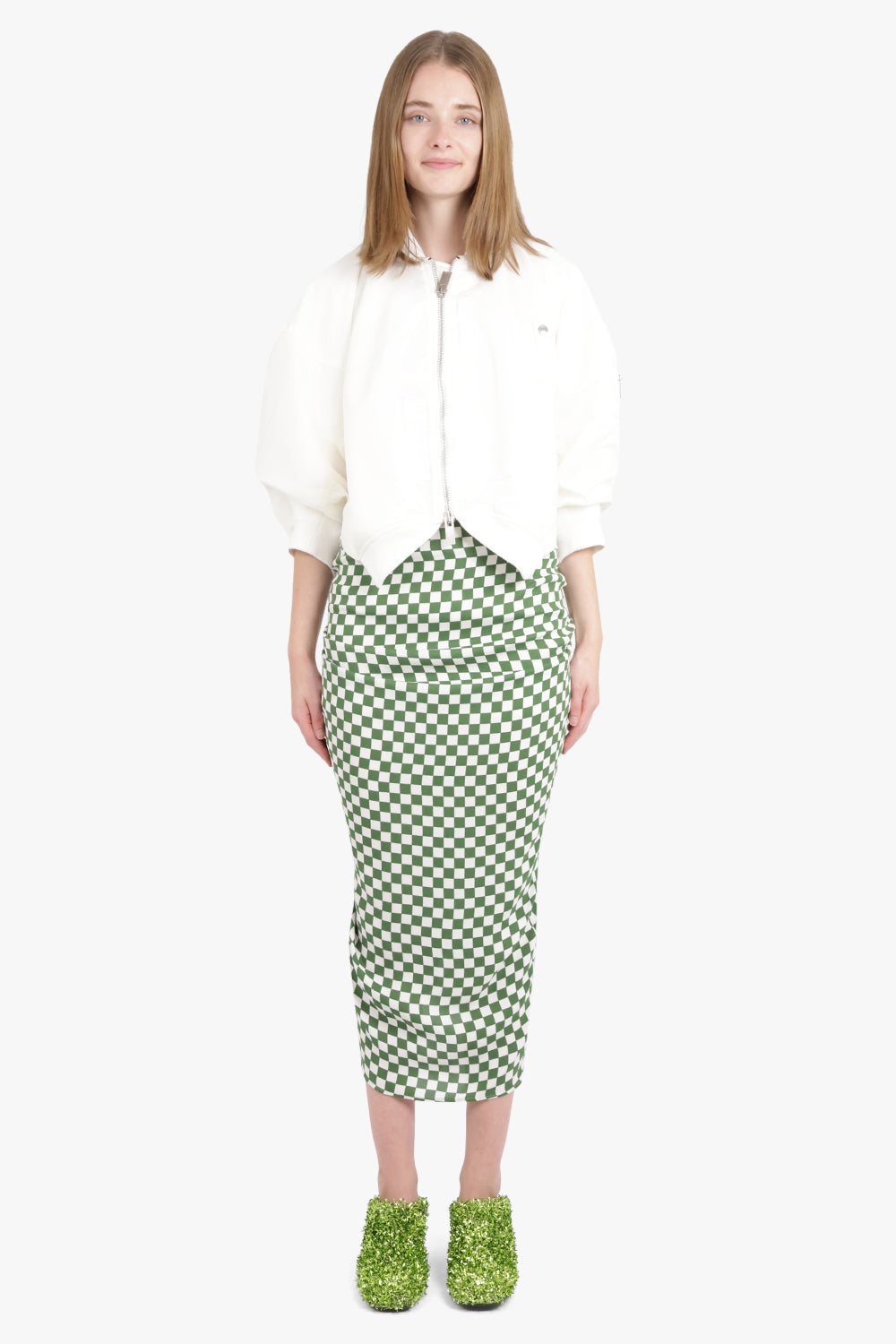 DRIES VAN NOTEN RTW Checkerboard Ruched Side Bodycon Maxi Skirt | Green