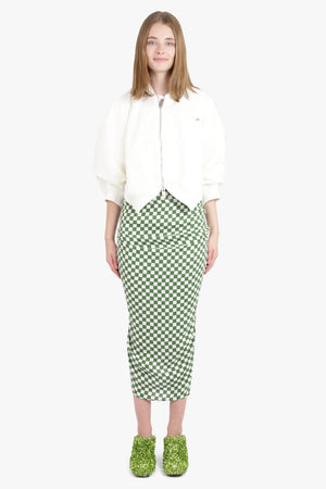 DRIES VAN NOTEN RTW Checkerboard Ruched Side Bodycon Maxi Skirt | Green