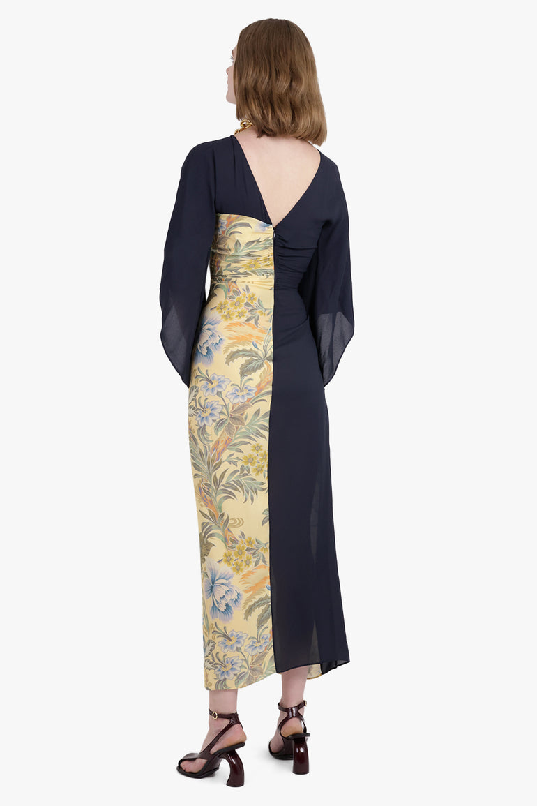 ETRO RTW Kimono Style Draped Floral Print Midi Dress | Black/Yellow