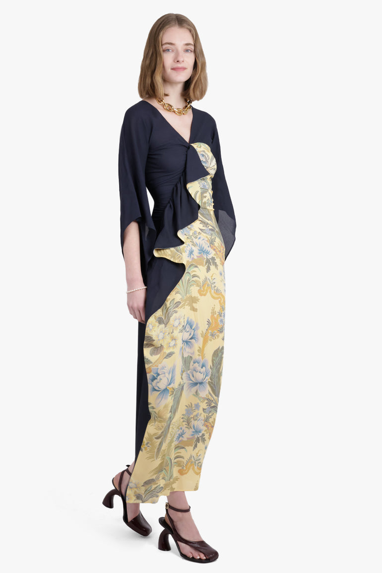 ETRO RTW Kimono Style Draped Floral Print Midi Dress | Black/Yellow