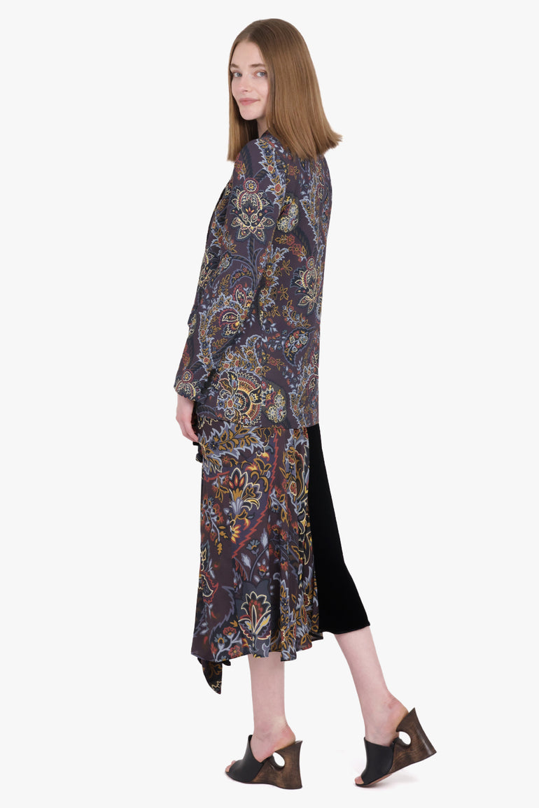 ETRO RTW Draped Velvet Contrast Floral Print Midi Skirt | Black/Multi