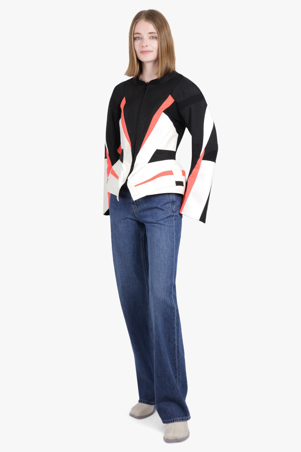 JUNYA WATANABE RTW FITTED WAIST JACKET WITH FLARE SLEEVES | BLACK/WHITE/FLURO ORANGE