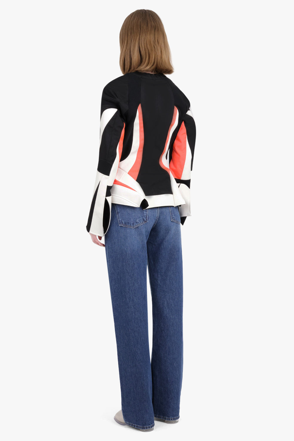 JUNYA WATANABE RTW FITTED WAIST JACKET WITH FLARE SLEEVES | BLACK/WHITE/FLURO ORANGE