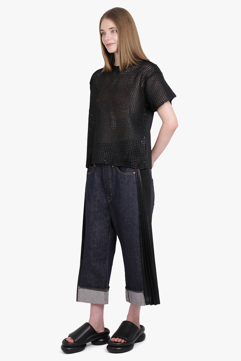 JUNYA WATANABE RTW Mesh Overlay S/S Distressed Knit T-Shirt Top | Black