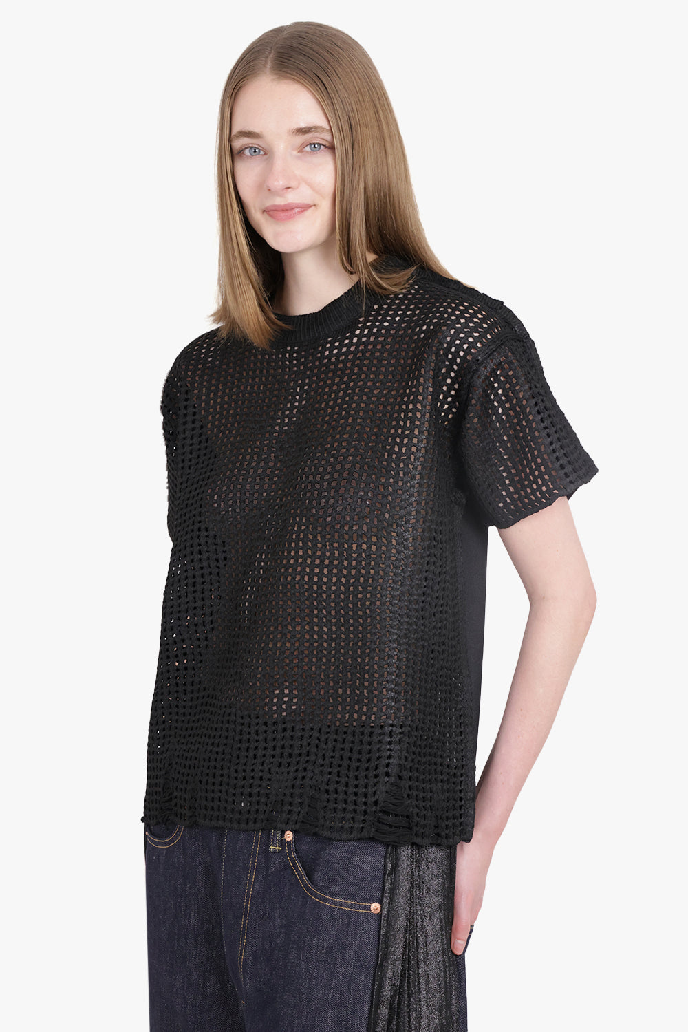 JUNYA WATANABE RTW Mesh Overlay S/S Distressed Knit T-Shirt Top | Black