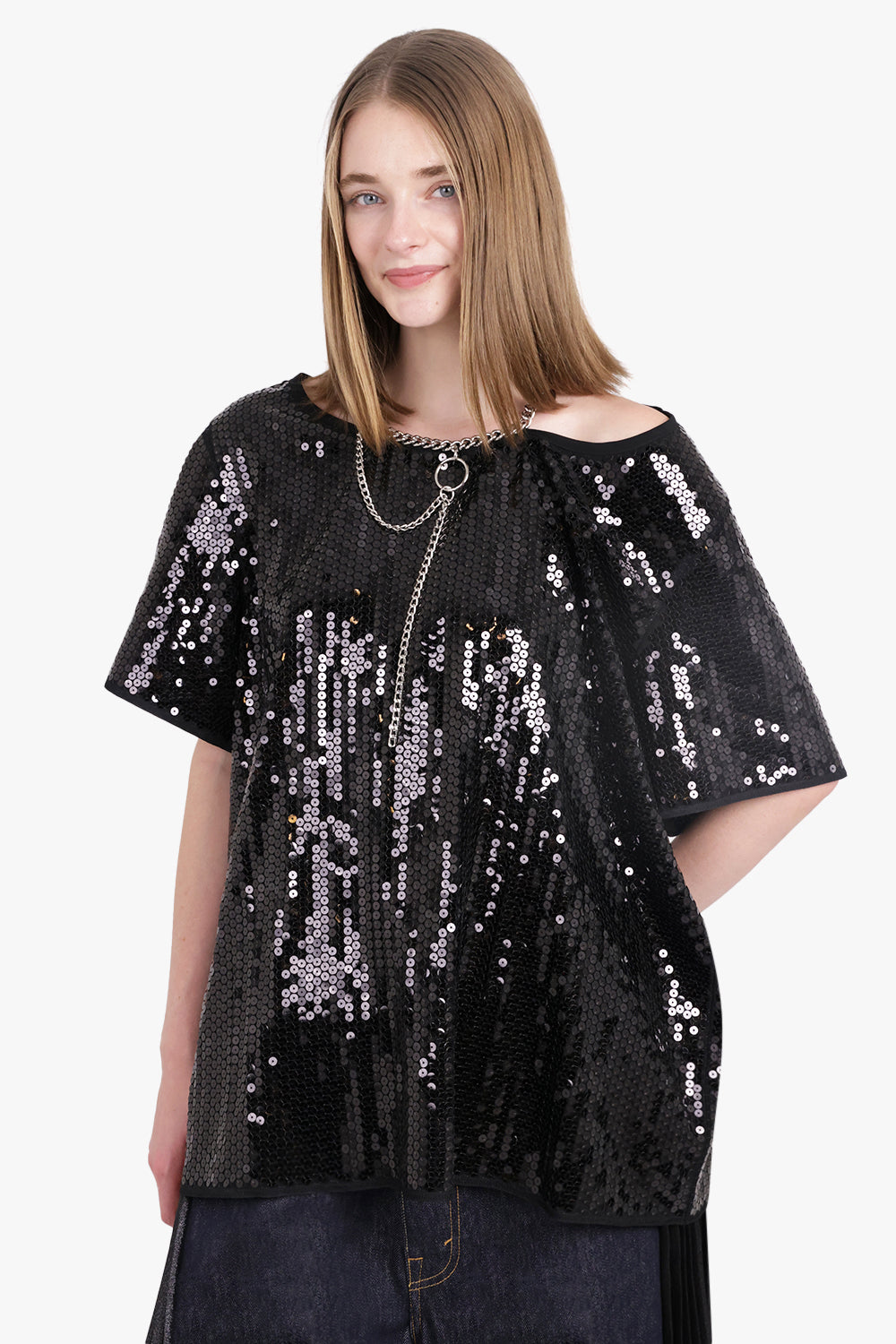 JUNYA WATANABE RTW Sequin Chain Neck S/S Off Shoulder Top | Black