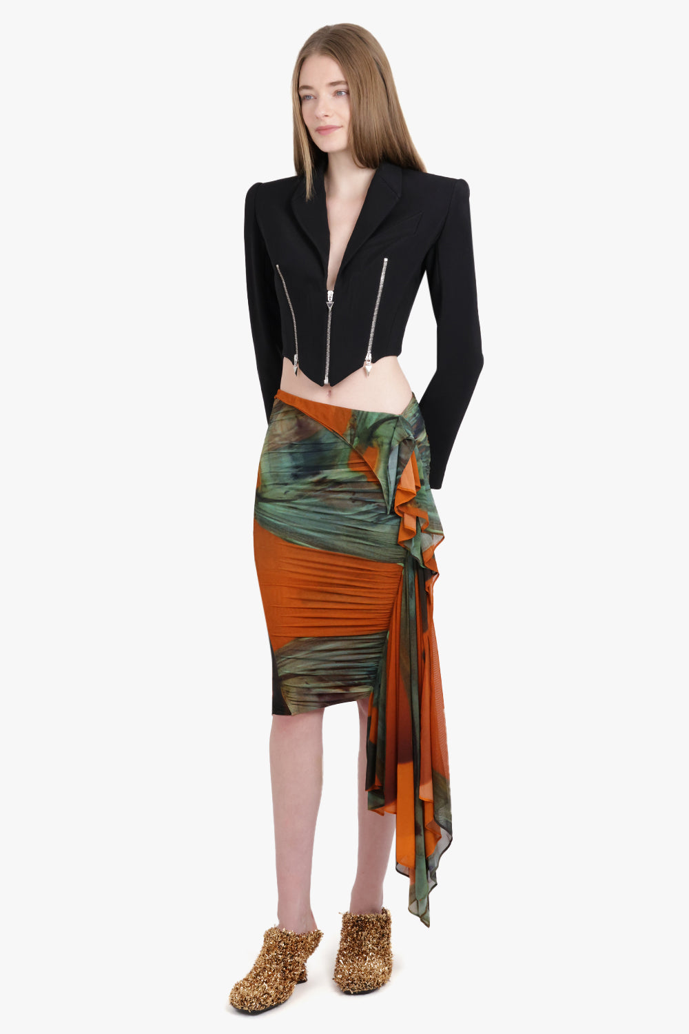 MUGLER SKIRTS Archive Print Mesh Asymmetric Midi Skirt | Orange/Green